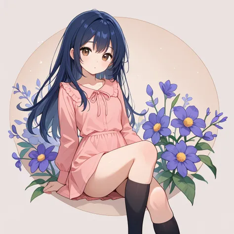 a beautiful gallant girl, 20th generations, with brown eyes, dark blue hair, with flower accesary, wearing short skirt, showing the definition of her thighs, and wearing a short blouse, knee socks,from the side