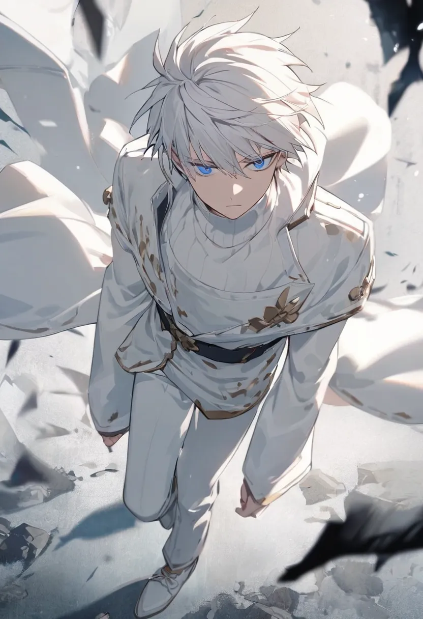 a young adult boy, male, Alone, beautiful,  straight white hair, emotionless blue eyes, white coat,  white turtleneck shirt, white pants,  white shoes . Estilo anime killing bites.