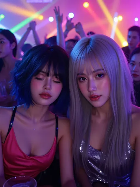 2girl, duo, the first girl is Filipino with dark blue short curly hair and tanned skin, the other girl is korean with long straight silver hair with doe eyes, plump lips, her vibe is mature and classy, at a club with other friends, realistic, fun, partying...