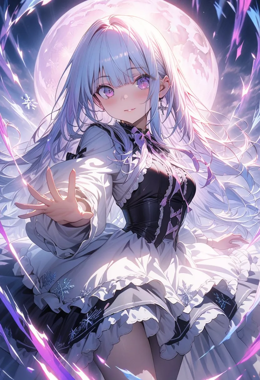 masterpiece,amazing quality,best quality,ultra-detailed,8k,illustration,CG,　 1girl , drawn on the beautiful board、Purple and white gothic lolita clothes, Holding a red sword ,light blue hair color ,long hair, purple eyes,beautiful eyes,moody lighting, unde...