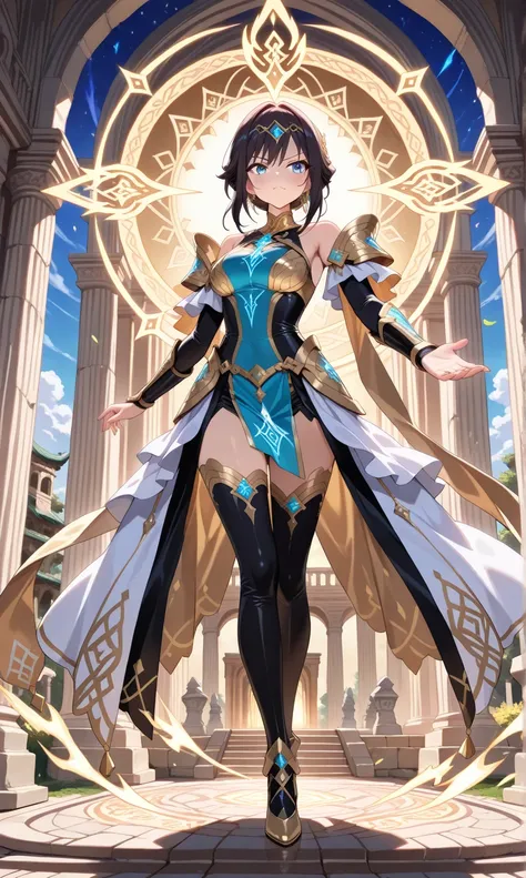 (((masterpiece, best quality, 16K)))((Full body shot)) of a fearless paladin with unparalleled beauty, featuring long, dark hair and striking blue eyes. She wears intricately designed draconic armor that glimmers with a mystical aura. Her armor is adorned ...