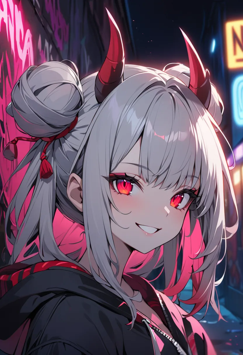 detailed background, masterpiece, highest quality, smile, nakiri ayame, striped hair, demon horn, gray hair, twin buns, red eyes, smile, hoodie, portrait, neon, graffiti, dark, night, shining eyes, Black light、Completely naked