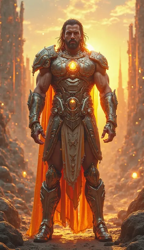 god ares, Solar Punk mode, full body front view 