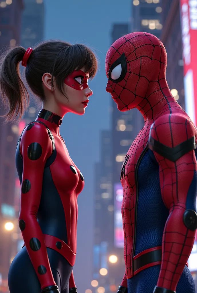 
"Ladybug from Miraculous Ladybug and Spider-Man stand face to face, their bodies fully visible as they stare each other down with intensity. Ladybug, wearing her signature red and black-spotted suit, holds a determined stance, while Spider-Man, clad in hi...