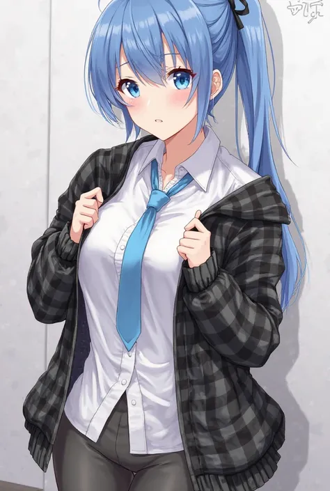 blue hair, side up, blue eyes
Blue tie, 19 year old girl, anime, black and gray plaid jacket, hair tied on the left, bed top, clothes peeking out, blushing,  full body、 Taking off clothes、 showing breasts 、 c cup、 pants

