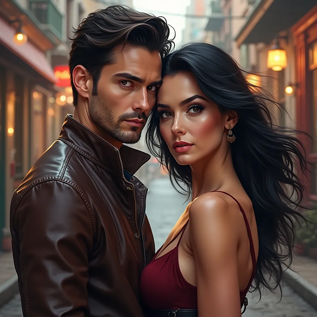 Handsome, brown-eyed, leather-jacketed, muscular-built, masculine-faced man. Beautiful woman with black hair, butterfly cut, dark eyes and classy clothes. neighborhood fiction. design book cover