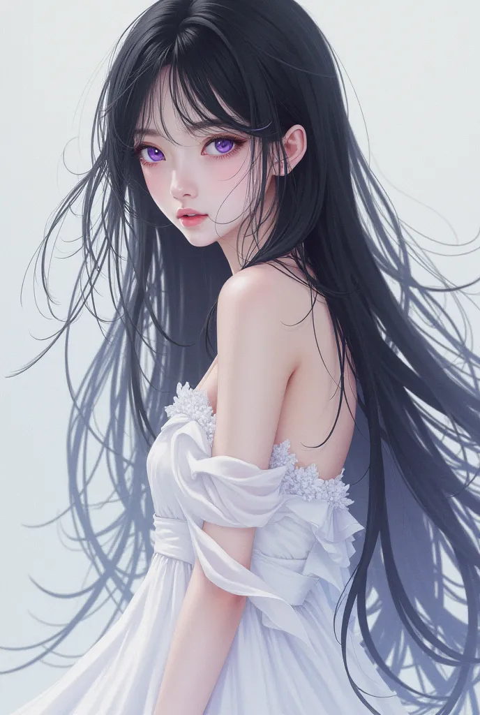 You can make a woman have long black hair, white skin and violet eyes, Style 2d, Wearing a white dress 