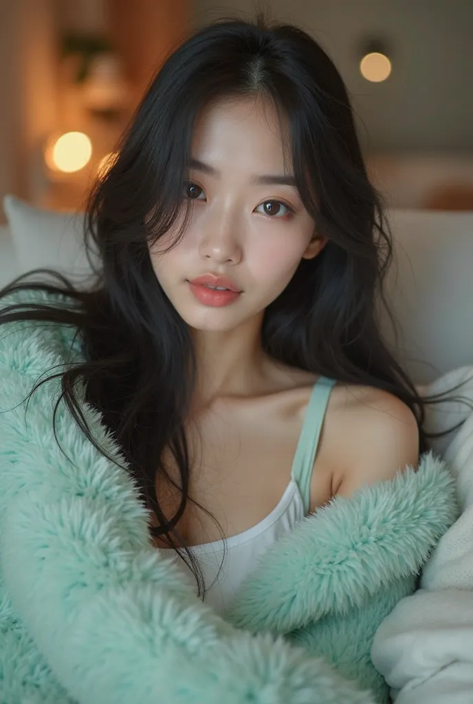 A Beautiful asian women with long black straight hair, 20 years old,sexy, wearing a cute mint green fur cardigan, 
pants, laying on the sofa,  all comfy, blankets, enjoyingher evening , cat eye make-up, beautiful eyes ,  full body shot, sexy pose,  sexy po...