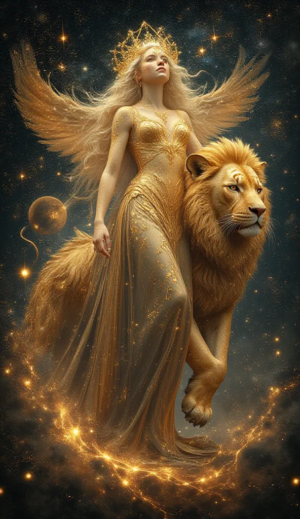 The Celestial Muse and Her Cosmic Beasts**  
   - The female spirit, the Celestial Muse, is a radiant figure with golden skin, hair that flows like a galaxy, and a gown made of stardust. She inspires creativity and wonder.  
   - Her animal spirits are a g...