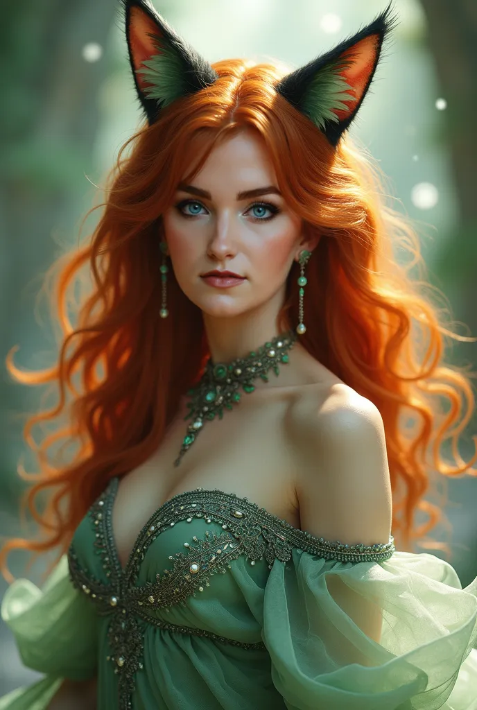 A beautiful woman with ginger hair and cat ears and green eyes, wearing a fancy dress