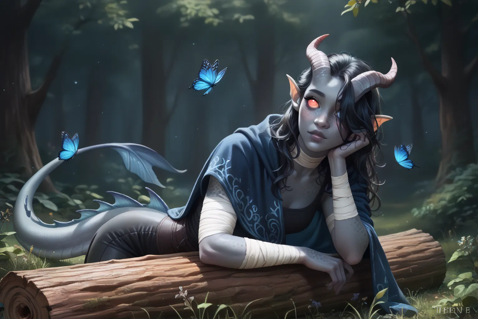 (1 adult Tiefling girl,  dark blue-gray skin :1.7), (35 years old:1.5), (One:1.3), (a curl of medium-length black straight hair covers the left eye:1.5), (lies on a log above and looks right up with interest at the butterfly in front of him, tail to the ri...