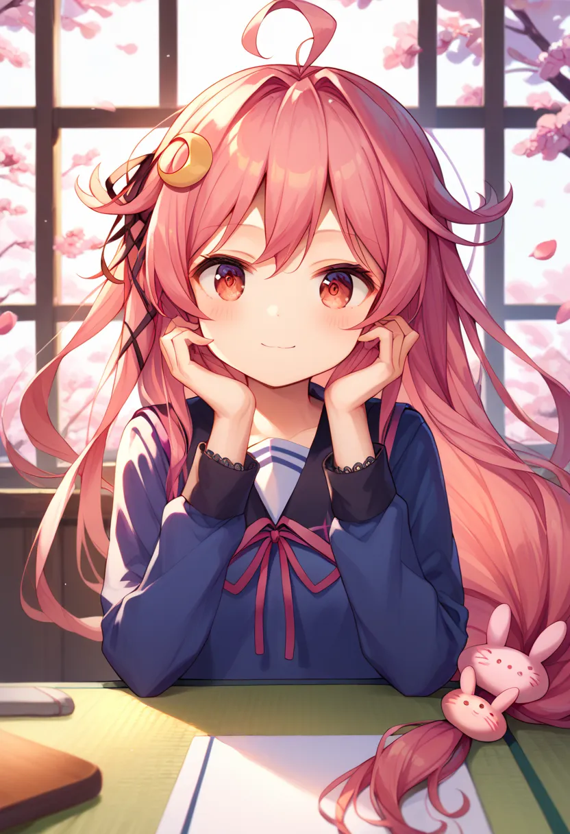 uzuki(kancolle),pink hair,red eyes,low-tied long hair,ahoge,crescent hair ornament,rabbit hair ornament,hair ribbon,small breasts,school uniform,serafuku,neck red ribbon,long sleeves,"A cheerful Japanese family celebrating Hina Matsuri, surrounded by a sev...