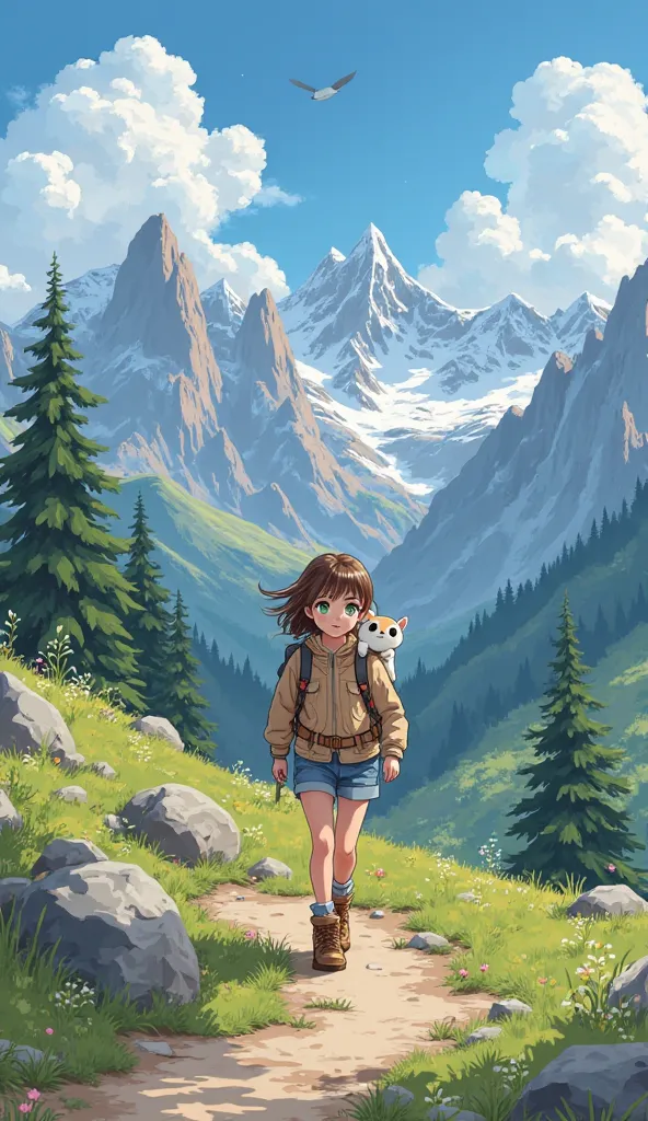 Anime girl with medium long or brown hair, green eyes , With Mochica from camping , walking up a mountain, In the background the Argentinian mountain range 