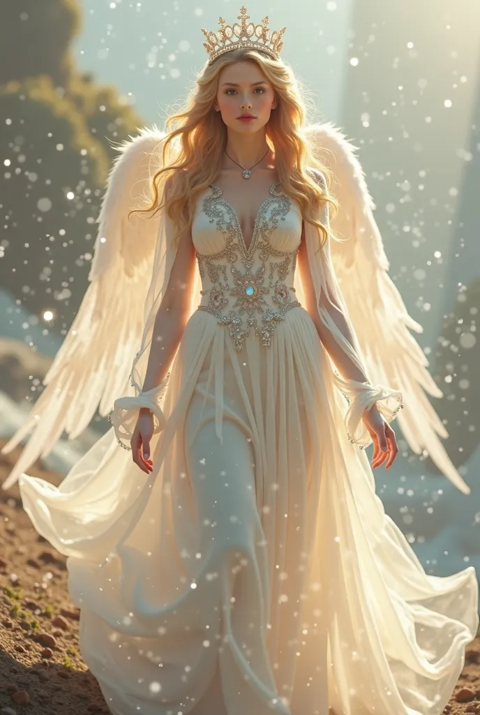 Blonde woman wearing closed long sleeve angel dress and tiara 