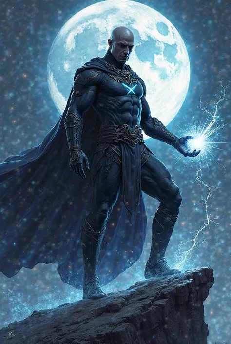 "Alpha Nexus in an imposing pose on a cliff, with his cloak or clothing waving in the wind. Its shape is that of his most balanced transformation (light and dark combined). The moon or an eclipse shines behind him, illuminating him with a mystical glow. Hi...