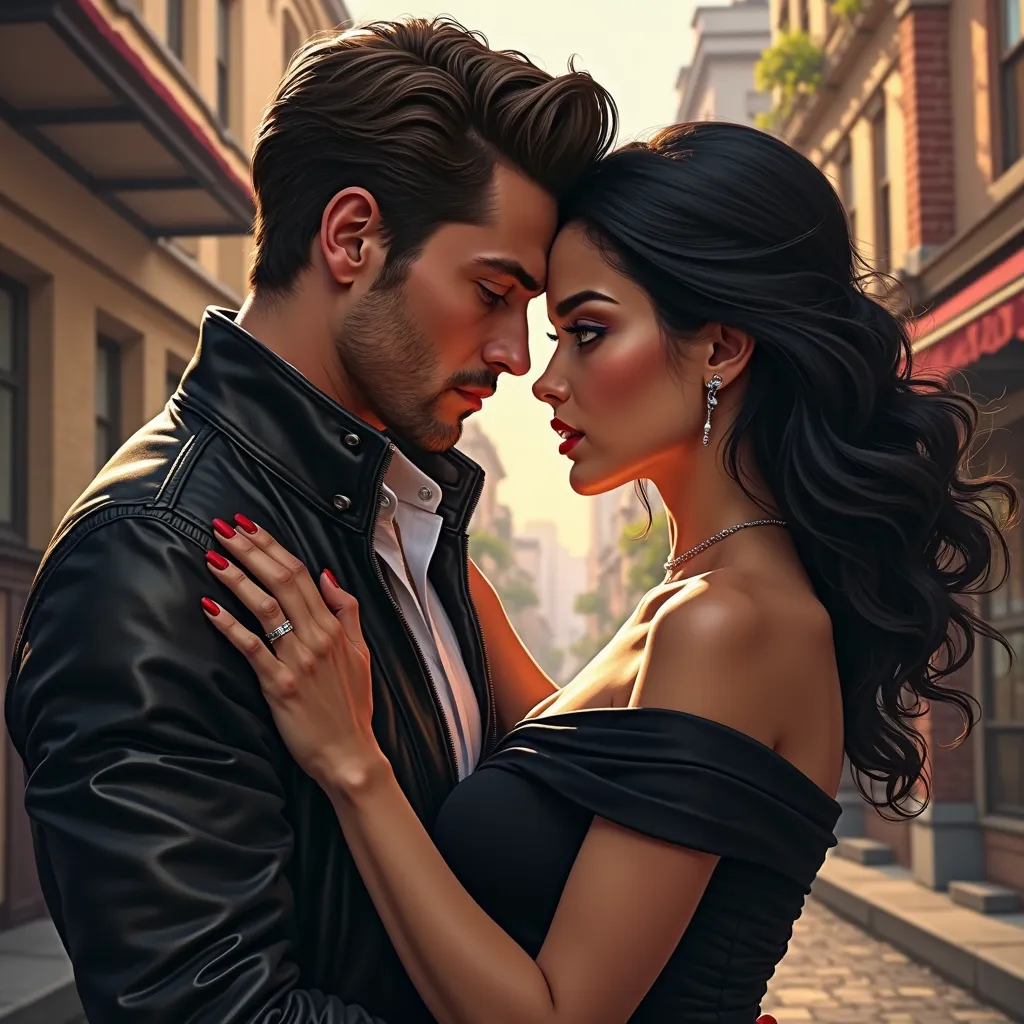 Handsome, brown-eyed, leather-jacketed, muscular-built, masculine-faced man. Beautiful woman with black hair, butterfly cut, dark eyes and classy clothes. neighborhood fiction. design book cover