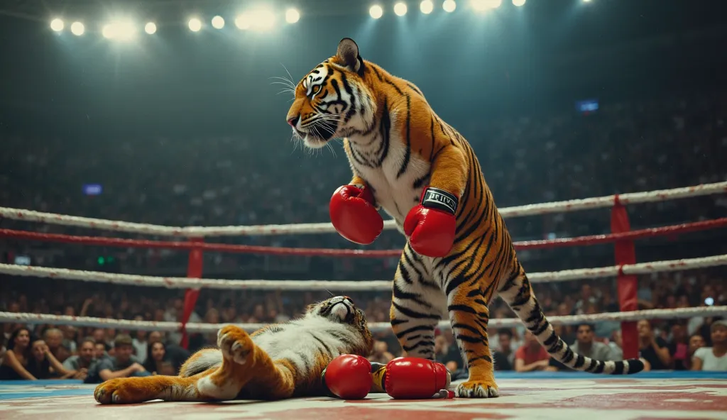 "A highly realistic and cinematic image of a professional boxing ring where a real tiger, wearing bright red boxing gloves, stands tall in victory. The kangaroo, also in red boxing gloves, has just fallen to the mat, knocked down by the tiger’s powerful pu...