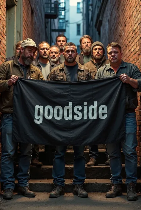 ((RAW Image), best quality, realistic, make a group photograph of roadmen holding a black banner with the writing “Goodside” on it, posing on some alley stairs