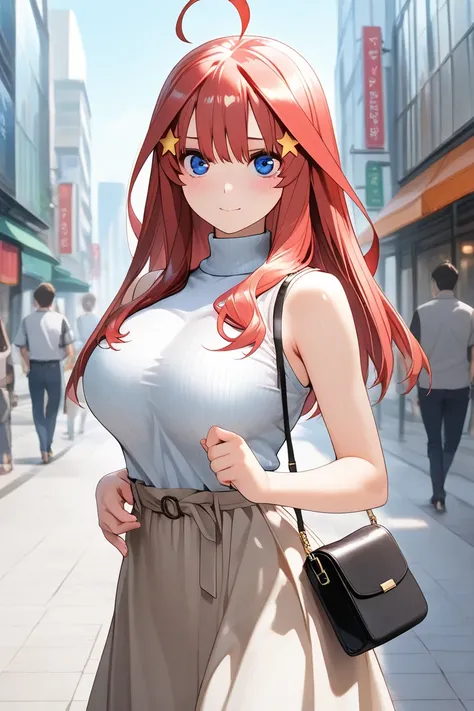 1girl,nakano_itsuki, blue eyes, red hair, long hair, ahoge, star hair ornament, (sleeveless turtleneck:1.2), long skirt, compact bag with slanted shoulder straps, JK, (masterpiece:1.3),(ultra detailed:1.3),(best quality:1.3),(extremely detailed CG :1.2), (...