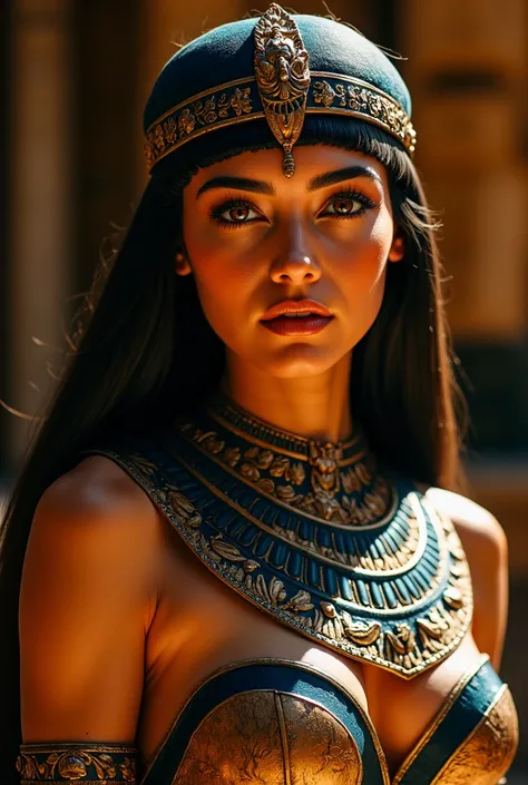 Ultra-detailed portrait of a 23-year-old Egyptian warrior and noblewoman, Cleopatra's half-sister, standing 1.73m tall. She has an elegantly elongated oval face with high, defined cheekbones, a softly contoured jawline, and a slightly pointed chin. Her alm...