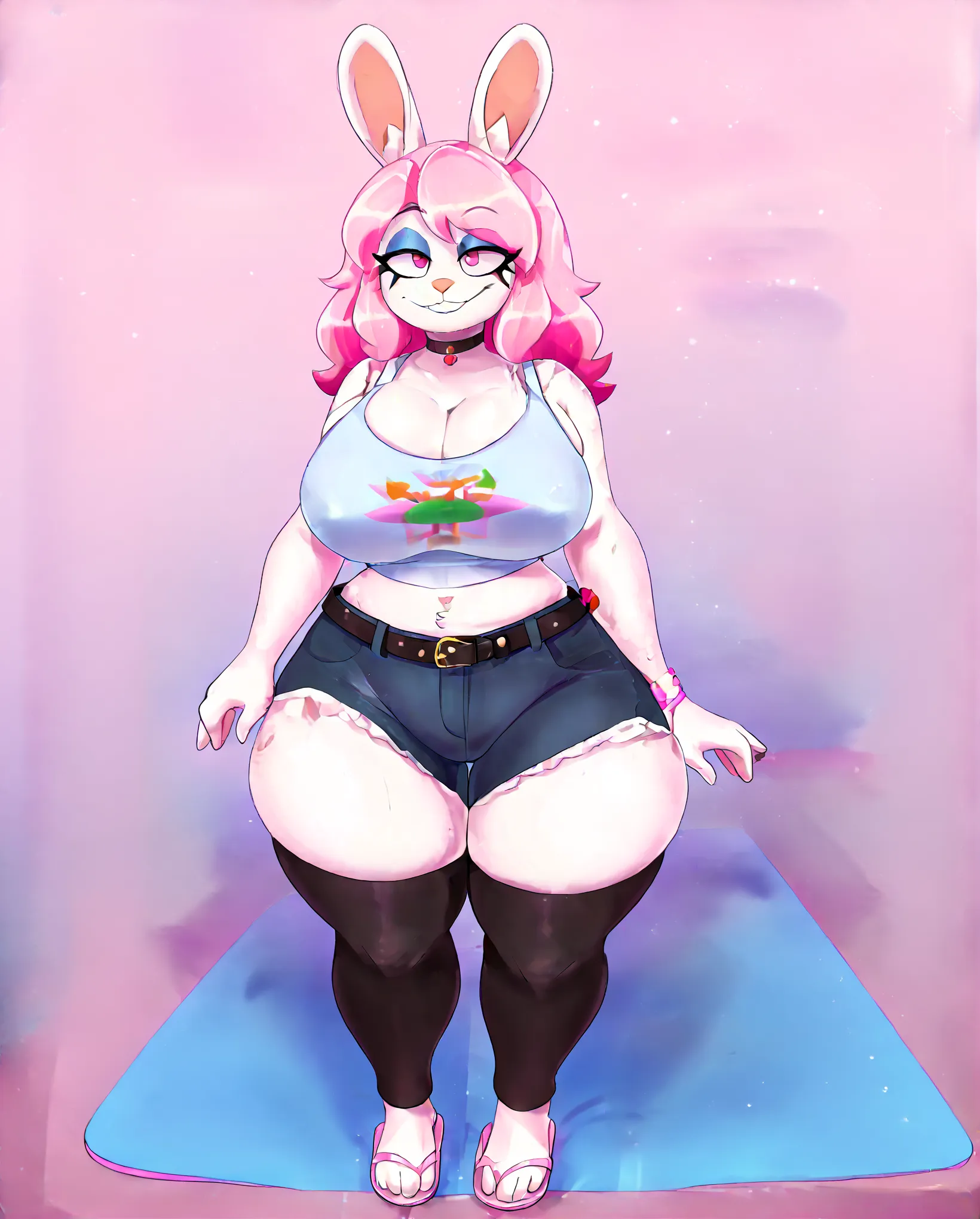 score_8_up, score_9_up, furry, white fur, huge breasts, rabbit ears, thigh highs, pink hair, blue highlights, solo,background,tight thicc jeans,black belt,(((white flip flops))),full body,(((White mini fitted tank top)))