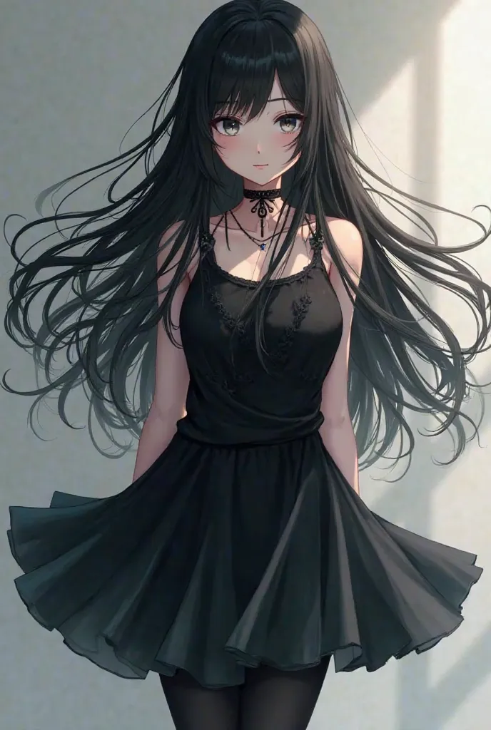 anime, Girl girl long black hair and her tender eyes black and black dress and black pants 