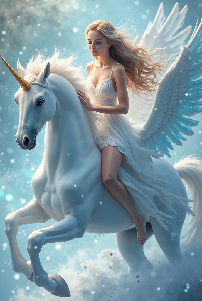 beautiful girl with long wavy chestnut  and light blue hair with  soft blue eyes wearing white short dress ,riding white alicorn with soft  soft blue long  mane  and wings ice element