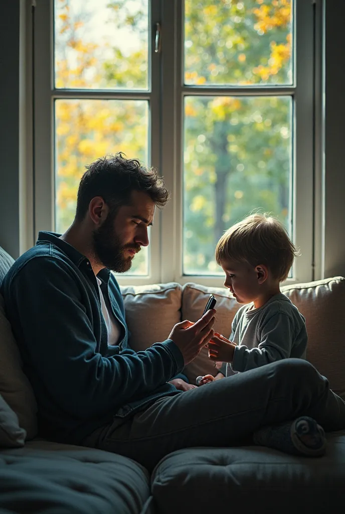 "A father sitting on the couch, absorbed in his mobile phone, while his young son tries to attract his attention with a toy in his hand. The scene has a melancholic tone, with cold colors and shadows that reflect emotional disconnection.  In the background...