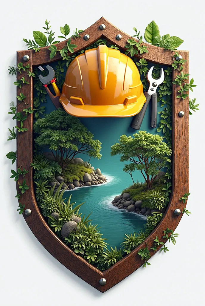 A shield, with a safety helmet with tools,  the phrase "maintenance is working" and within the shield an ecological environment
