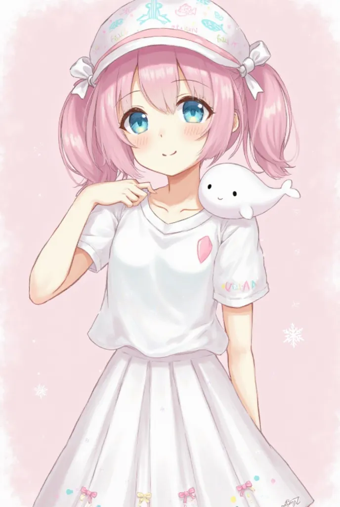  Female anime with white skin , Portrait version , Light pink hair with bangs and two pigtails on the sides, A pastel pink hat with white ribbon and a pastel light blue fish print with the word fish in half white, white blouse with a pastel pink ribbon, Li...