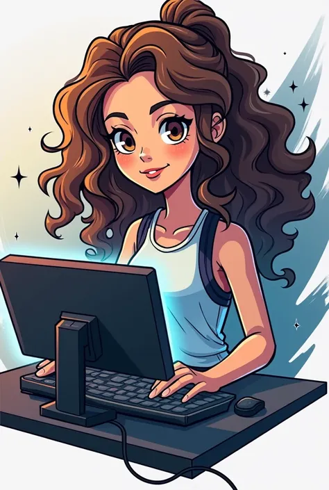 vector mascot logo eSports a girl with brown curly hair brown eyes, she is using the computer 