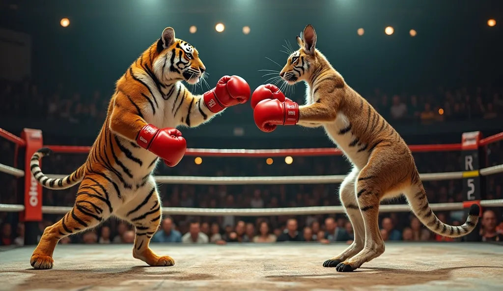 "A highly realistic and cinematic image of a professional boxing match where a real tiger, wearing bright red boxing gloves, has just struck a powerful punch to the kangaroo’s chest. The kangaroo, also in red boxing gloves, is in mid-air, falling backward ...