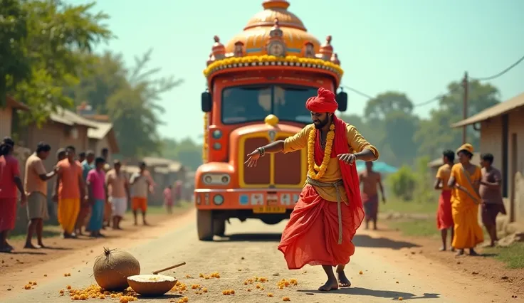 

"Create a vibrant YouTube thumbnail featuring a happy Indian villager in a red turban breaking a coconut in front of a newly decorated tempo with marigold garlands. A puja thali is on the road, and excited villagers react in the background. The setting i...