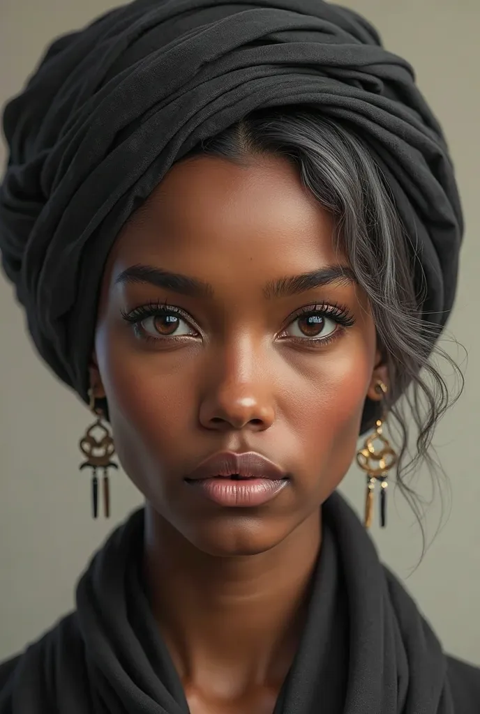 Draw a realistic woman,  Brown skin tone ,  gray hair black , turban in her hair,  dark brown eyes ,  average build, thick lips 