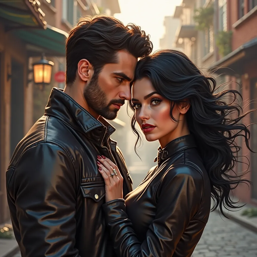 Handsome, brown-eyed, leather-jacketed, muscular-built, masculine-faced man. Beautiful woman with black hair, butterfly cut, dark eyes and classy clothes. neighborhood fiction. design book cover