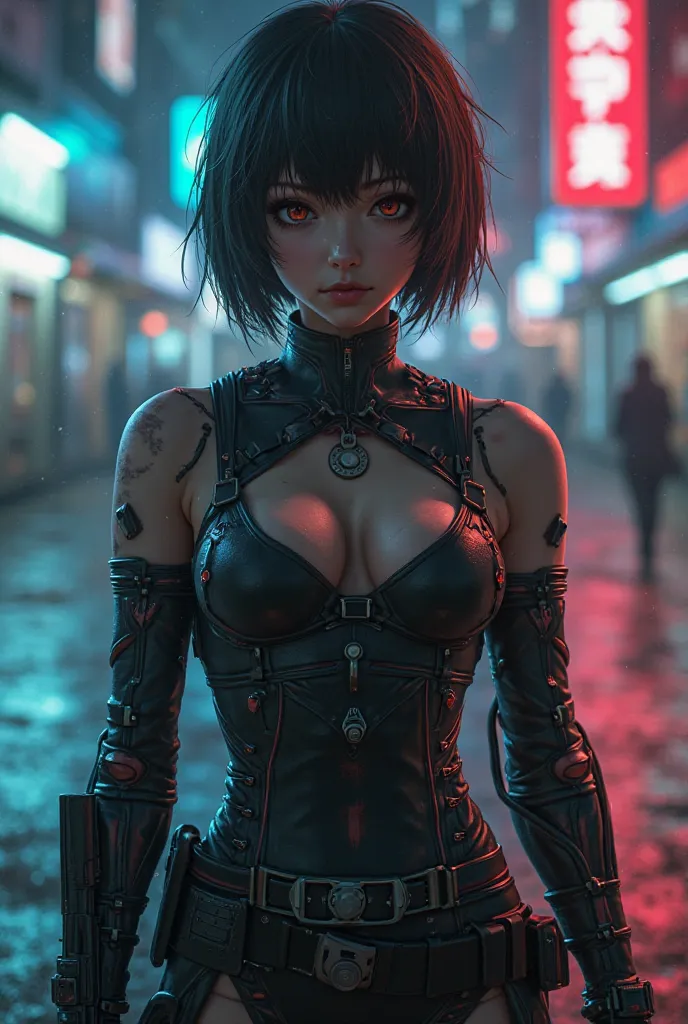 1girl, kusanagi_motoko, cyborg, cable, cyberpunk, leotard, fingerless gloves, handgun, cinematic lighting, bokeh, masterpiece, best quality, perfect anatomy, very aesthetic, amazing quality, high resolution, ultra-detailed, absurdres, newest, scenery, dept...