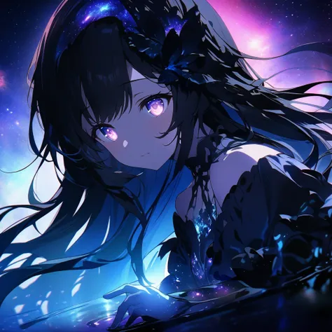 Anime gerl whose body is completely black, only her eyes glow with white effects, and a galaxy background with lots of gradient neon effects and a fluttering black chain, in addition, hair on head like liquid glass she sees from afar, and her hair flutters...