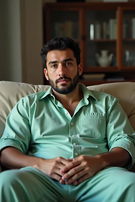 A man with Arabic features sits on his couch and tells a story to examine his weight to the camera wearing light green