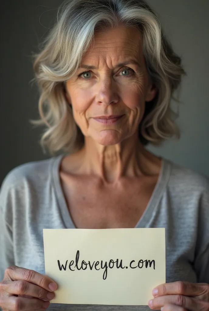 A 50 year old American woman,  holding a piece of paper. The paper has the words "weloveyou.com" written with a pen. The picture shows her face, chest area, the paper and finger only 