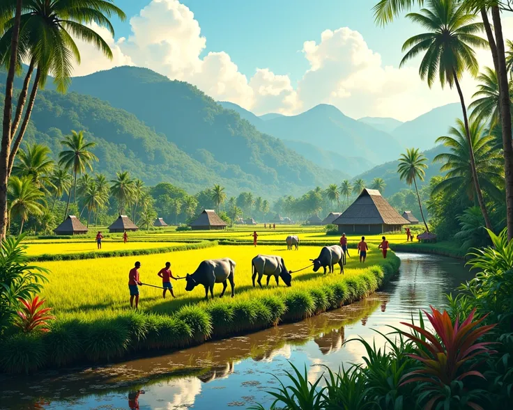 Farm mountains nipa huts colorful plants rice fields people farming carabaos