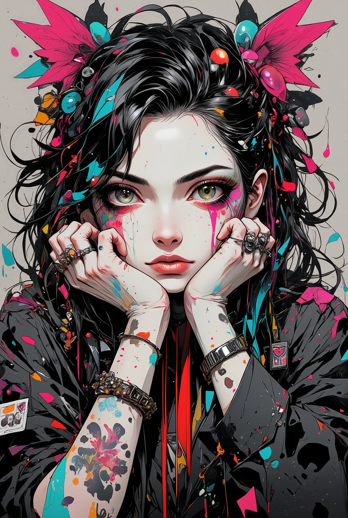 Manga Style:1.5,   with tattoos on her arm and left cheek,  眉に届くほどの長い black hair ,  Light Eyes,   surrealist pop  ,  looking at camera ,    Japanese surrealism pop   ,   be careful with long hair with braids  ,    black hair,    Japanese surrealist pop   ,...