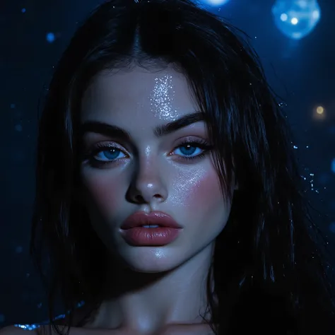 A stunningly beautiful young woman with very long jet-black hair, straight black hair with light waves and bright sky blue eyes that shine, Seductively sideways with water on her face you can see butterflies and raindrops detailed and shining with blue nig...