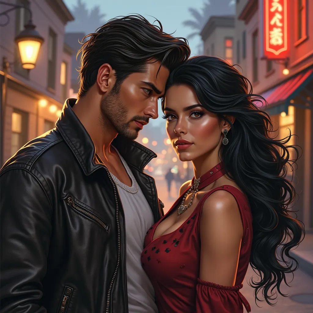 Handsome, brown-eyed, leather-jacketed, muscular-built, masculine-faced man. Beautiful woman with black hair, butterfly cut, dark eyes and classy clothes. neighborhood fiction. design book cover