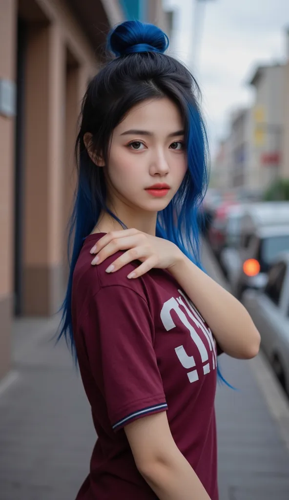 Showing a beautiful Thai woman, makeup, shining red lips, curled eyelashes, lenses, long hair, black and blue, tied in a ponytail in a bun, using left and right vita styles. Wearing a maroon t-shirt with stripes on the cuffs and numbers on the front and we...