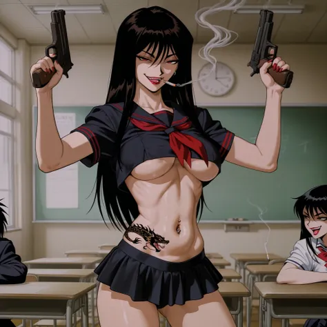 terayama reiko, black hair, long hair, , 1girl,  ear piercing, long hair, , lipstick,Hot girl, baddie, smoking, sensual, attractive ,
masterpiece, best quality, highly detailed, a  girls in sailor uniforms with a gun posing for a picture,
evil smile, smile...
