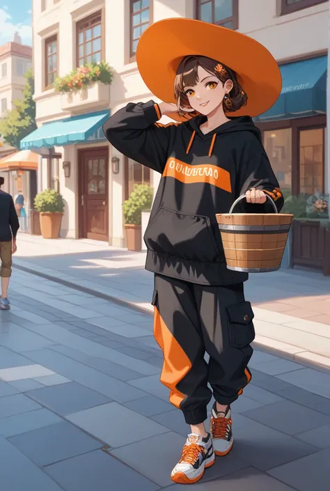 “A stylish anime-style illustration of a single character wearing trendy street fashion with a predominantly black and beige color palette, accented with an orange highlight. The outfit features an oversized black hoodie with a subtle orange design, black ...