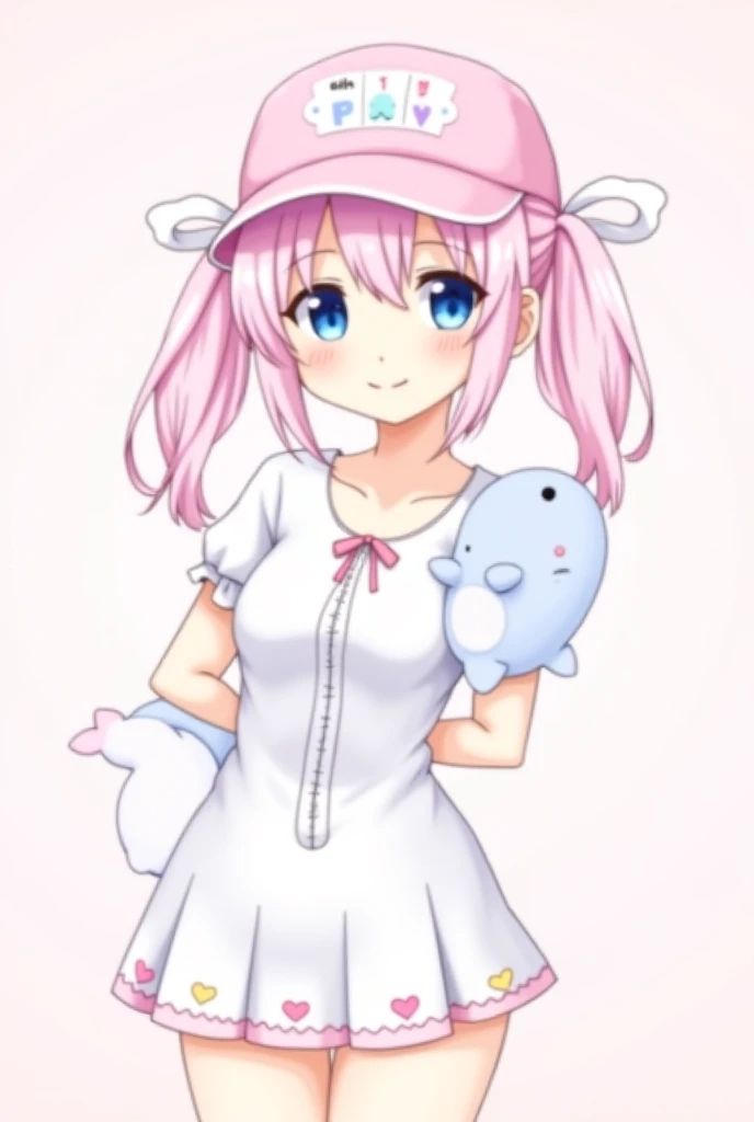  Female anime with white skin , Illustration version, Light pink hair with bangs and two pigtails on the sides, A pastel pink hat with white ribbon and a pastel light blue fish print with the word fish in half white, white blouse with a pastel pink ribbon,...