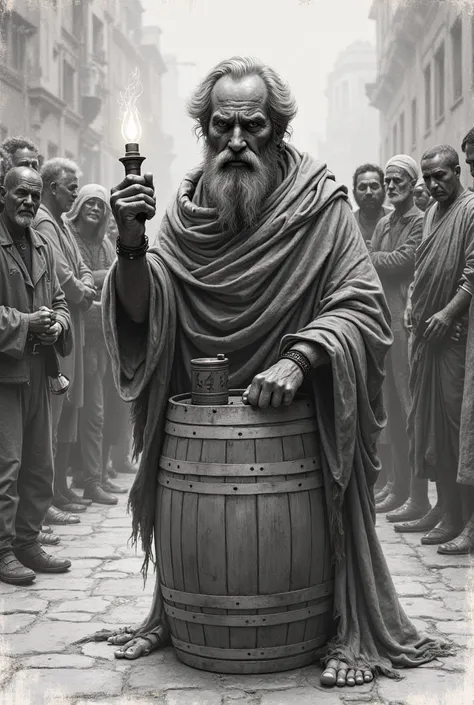 A simple drawing of Cynicism: A drawing of Diogenes living in a barrel, with a lamp in his hand and a defiant expression. He is seen surrounded by people who look at him with contempt.