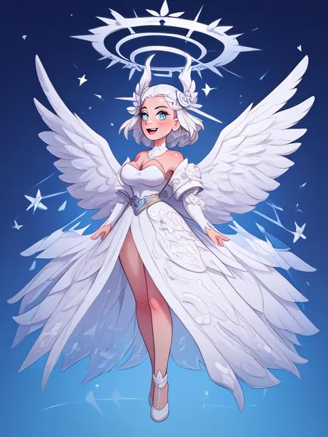 Sexy human woman with big breast ,with holografic white hair , with holografic white on her eyes and her body , with holografic white powers , with holografic white dress,with holografic white wings , with holografic white hair ornament, whole full body, f...