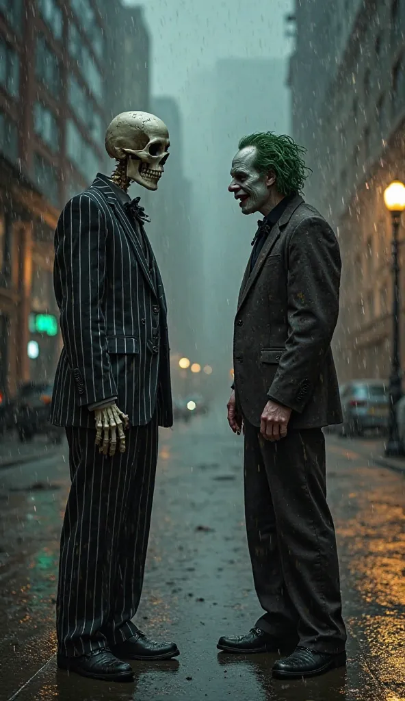 A tall, slender skeleton, x} dressed in a black and white striped suit and a bat tie, stands side by side with a grotesque-looking man, with pale face, macabre smile and messy green hair. They face each other intensely in a dark and rainy urban setting. Th...